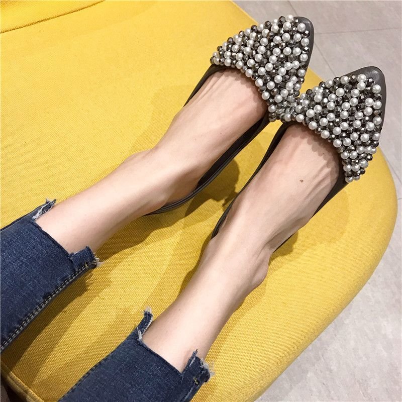 画像5: Women’s  pearl face decorative rhinestones sparkling sweet flat shoes 　パール＆ラインストーン付フラットパンプス　ペッタン　楽ちんシューズ (5)