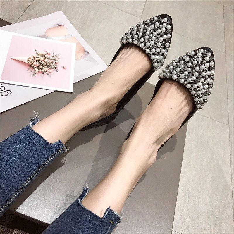 画像6: Women’s  pearl face decorative rhinestones sparkling sweet flat shoes 　パール＆ラインストーン付フラットパンプス　ペッタン　楽ちんシューズ (6)