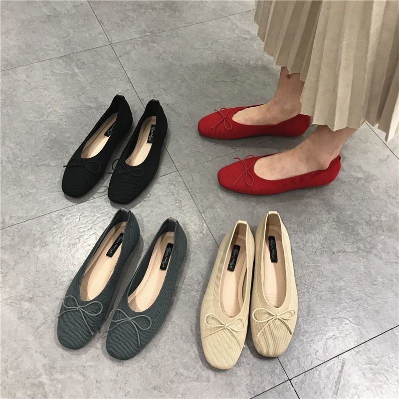画像6: Women’s  Knitted Bow Square Head  Flat Single pumps Shoes ニットボウ付きフラットパンプス (6)