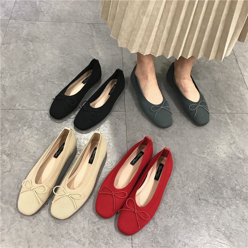 画像5: Women’s  Knitted Bow Square Head  Flat Single pumps Shoes ニットボウ付きフラットパンプス (5)