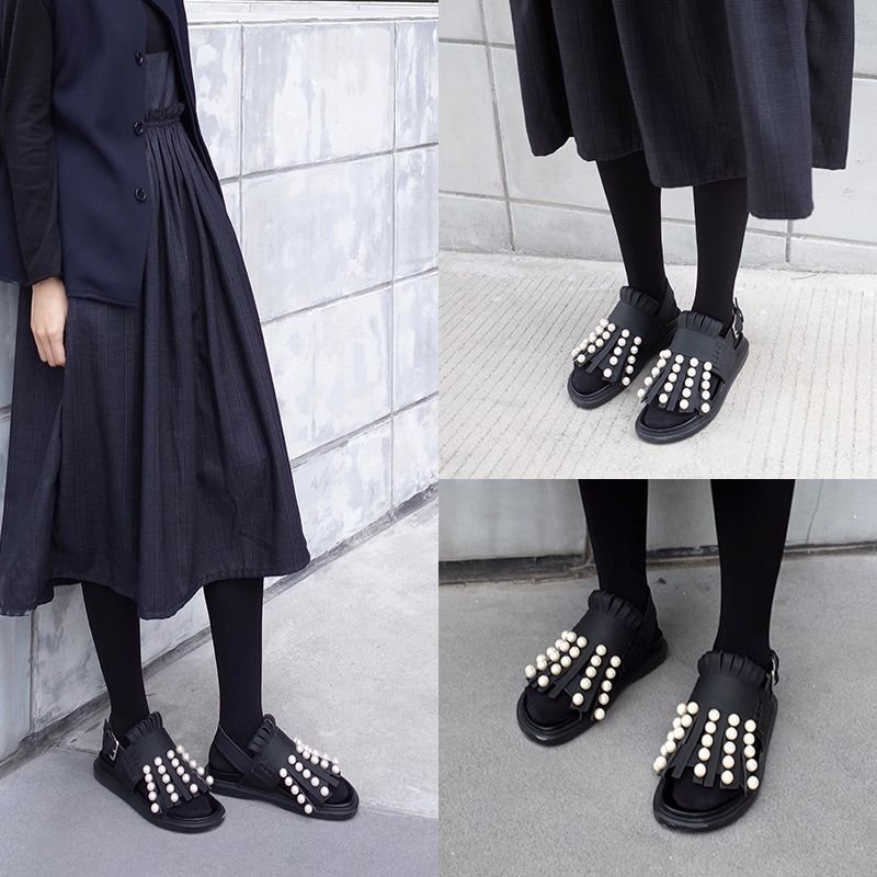 画像3: women's flat leather fringed pearls sandals  slippersパール&フリンジレザー本革サンダルスリッパサンダル  (3)