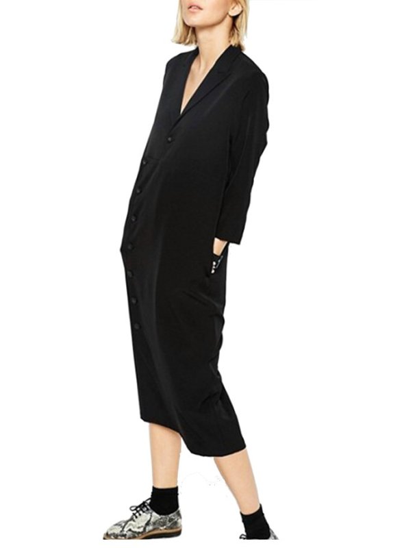 画像2: women's single-breasted long-sleeved solid color long dress膝下丈シングルブレストドレス　ワンピース (2)