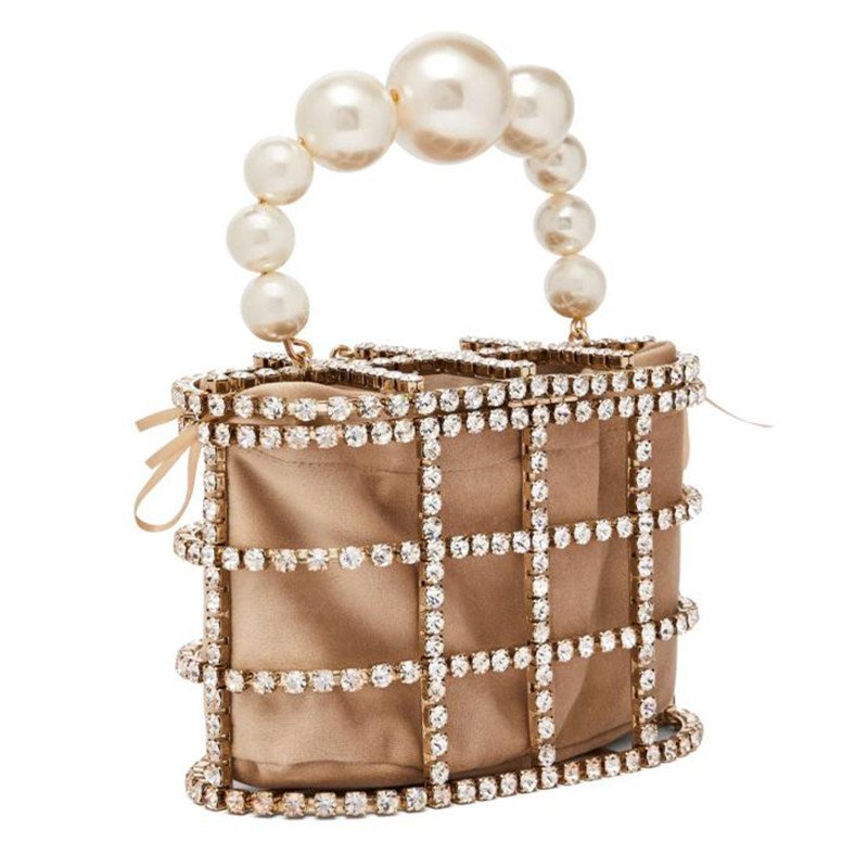 画像4: diamond decorative basket bag Rhinestone birdcage crystal bagラインストーン&パール付バスケットミニバックトートバッグ  (4)