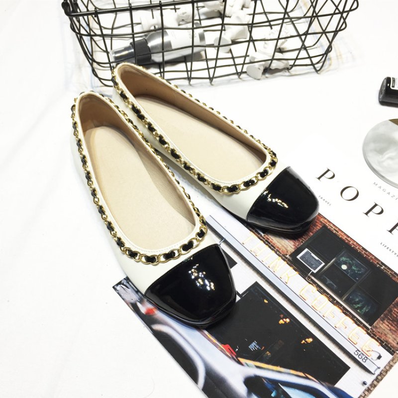 画像2: Women’s  round head flat scoop shoes  leather pumps 本革ラウンドチェーン付バイカラーフラットパンプス　 (2)