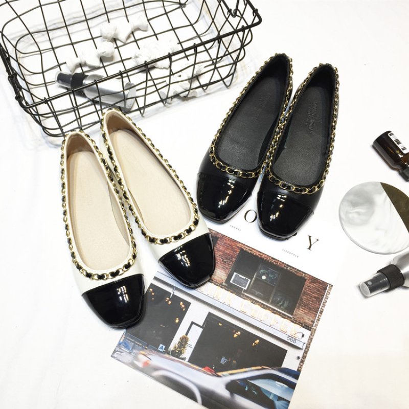 画像6: Women’s  round head flat scoop shoes  leather pumps 本革ラウンドチェーン付バイカラーフラットパンプス　 (6)