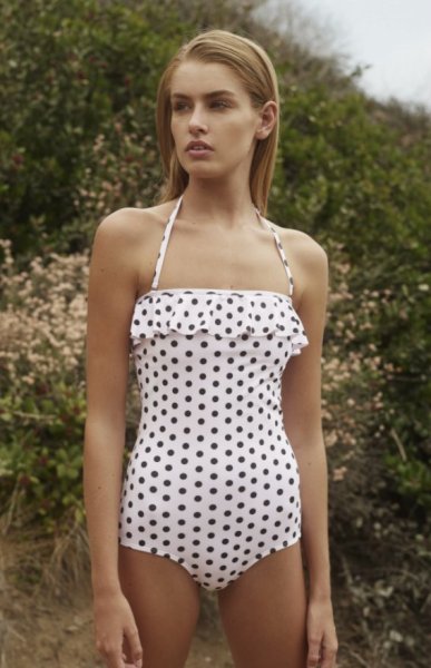 画像1: Dot Pattern One Piece Swimwearドット 水玉プリントフリル付きワンピーススイムウエア水着ビキニモノキニワンピース (1)