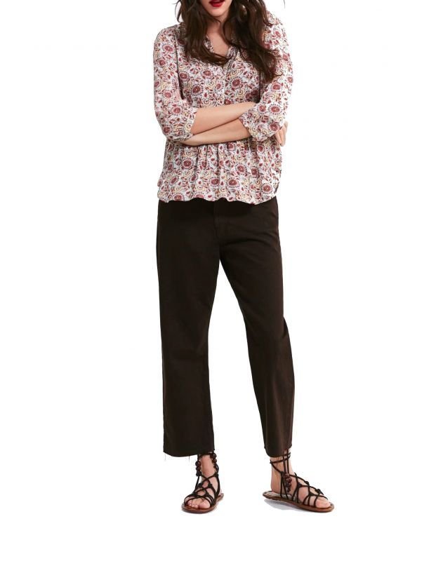 画像2: Floral V-neck top loose nine-point sleeve printed shirt フローラルVネックルーズブラウス　シャツ (2)