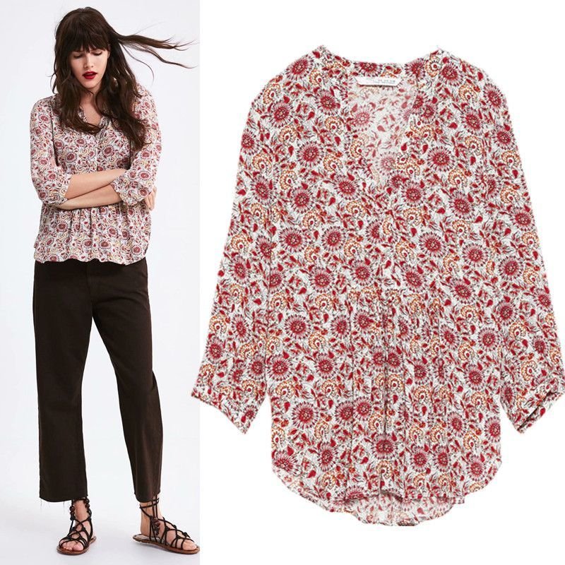 画像5: Floral V-neck top loose nine-point sleeve printed shirt フローラルVネックルーズブラウス　シャツ (5)