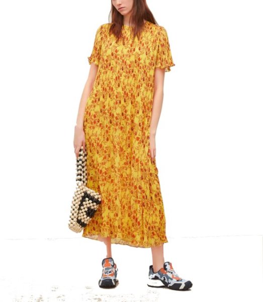 画像1: women'sMedium long chiffon flower print small pleated dress  膝下丈フローラルロングドレス　ワンピース (1)