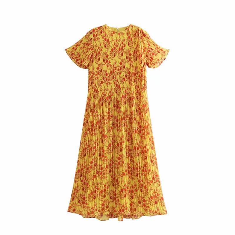 画像3: women'sMedium long chiffon flower print small pleated dress  膝下丈フローラルロングドレス　ワンピース (3)