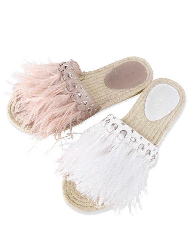 画像4: women's fairy ostrich hairy numb grass flat fisherman slippers sandals フェザー羽付エスパドリーユサンダルスリッパ (4)