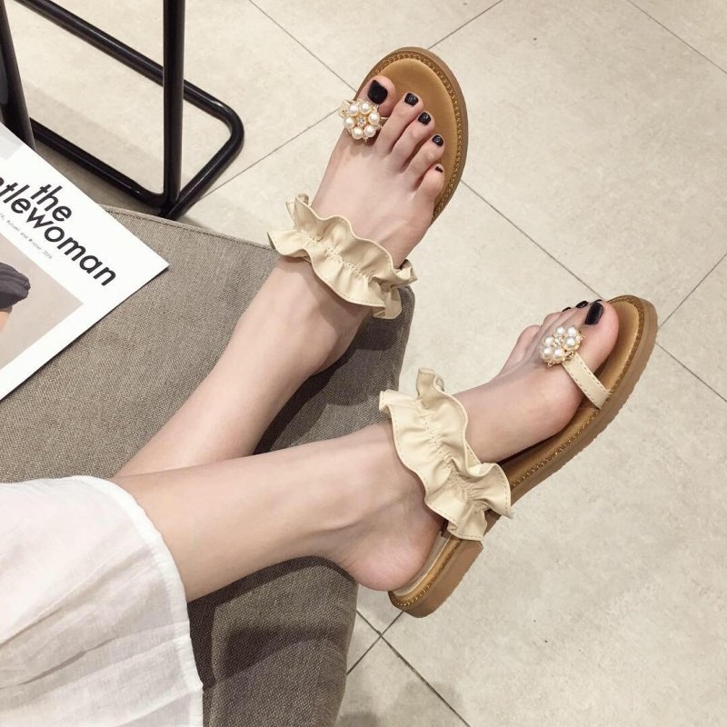 画像2: women's wild flat toe beach shoes sandals パール&フリル付きフラットサンダル スリッパ (2)