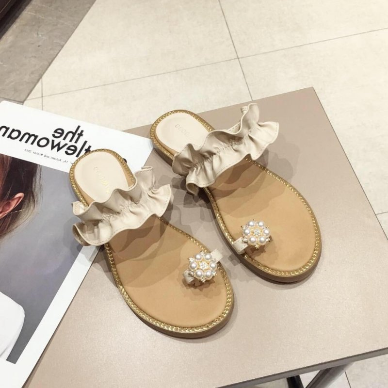 画像8: women's wild flat toe beach shoes sandals パール&フリル付きフラットサンダル スリッパ (8)