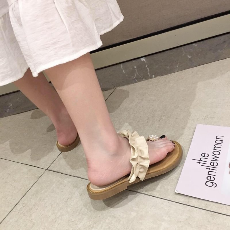 画像7: women's wild flat toe beach shoes sandals パール&フリル付きフラットサンダル スリッパ (7)