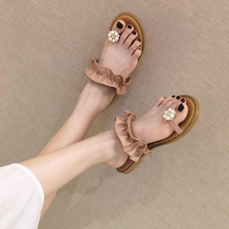 画像3: women's wild flat toe beach shoes sandals パール&フリル付きフラットサンダル スリッパ (3)