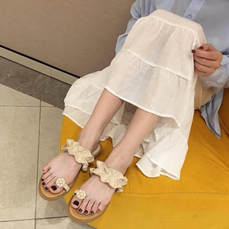 画像4: women's wild flat toe beach shoes sandals パール&フリル付きフラットサンダル スリッパ (4)