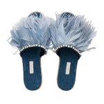 画像2: women's denim rhinestone sponge cake straw feather slippers デニム＆リアルフェザー＆ビジュー付エスパドリーユフラット厚底サンダル スリッパ (2)