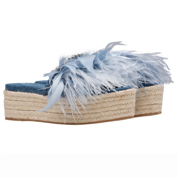 画像1: women's denim rhinestone sponge cake straw feather slippers デニム＆リアルフェザー＆ビジュー付エスパドリーユフラット厚底サンダル スリッパ (1)