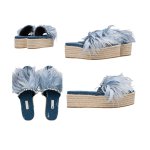 画像8: women's denim rhinestone sponge cake straw feather slippers デニム＆リアルフェザー＆ビジュー付エスパドリーユフラット厚底サンダル スリッパ (8)