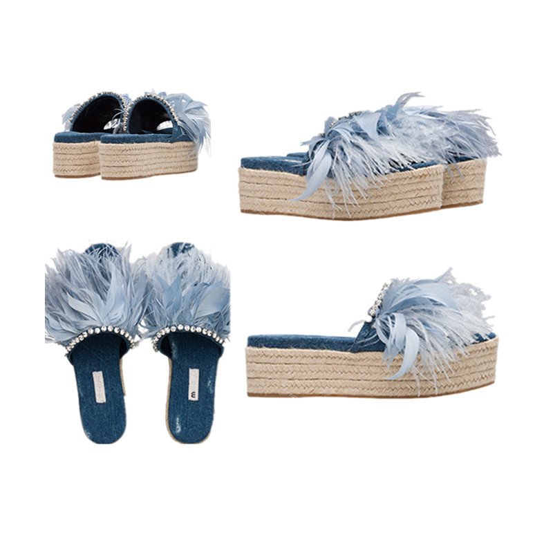 画像8: women's denim rhinestone sponge cake straw feather slippers デニム&リアルフェザー&ビジュー付エスパドリーユフラット厚底サンダル スリッパ (8)
