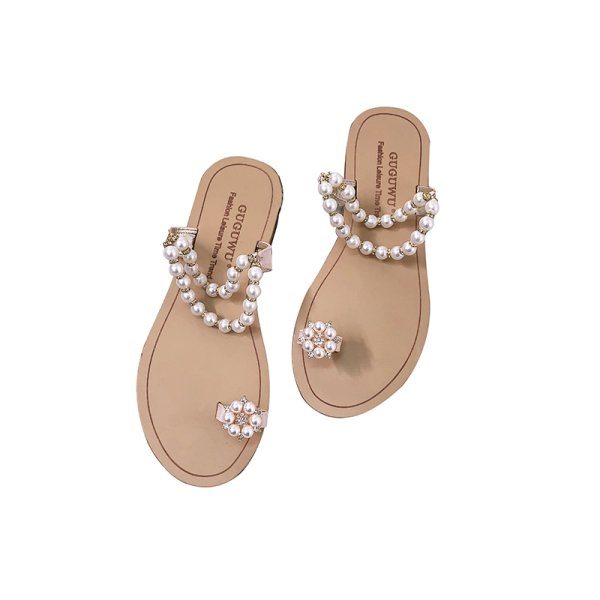 画像1: women's Flat pearl sandals slippersレディース パール付きフラットサンダル スリッパ シューズ・靴 サンダルレディース 女性用 シューズ ビーチ (1)