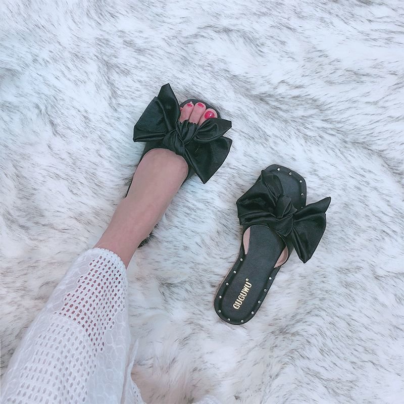 画像3: women's rivet bow flat-bottom   sandals slippersサテンリボン 付きフラットサンダル スリッパ シューズ・靴 サンダルレディース 女性用 シューズ ビーチ (3)