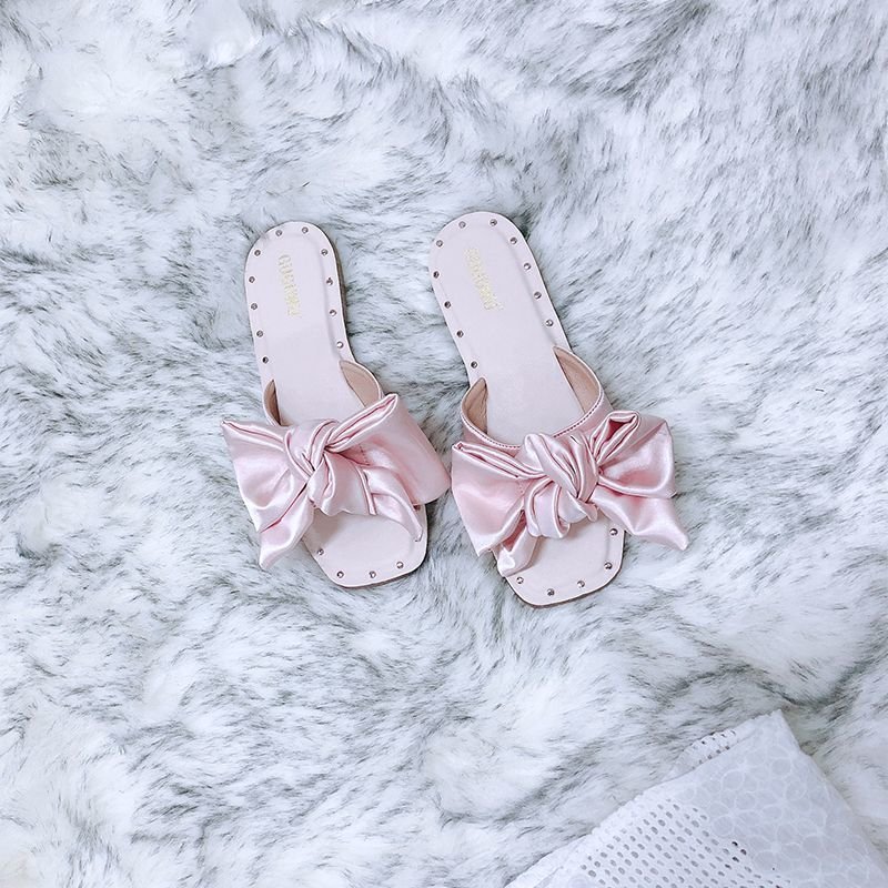women's rivet bow flat-bottom sandals slippersサテンリボン