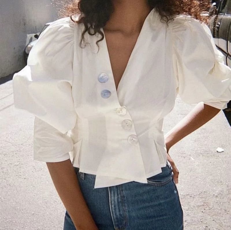 画像2: shell buckle white shirt female puff sleeve shirtシェルバックルホワイトパフスリーブシャツ ブラウス  (2)