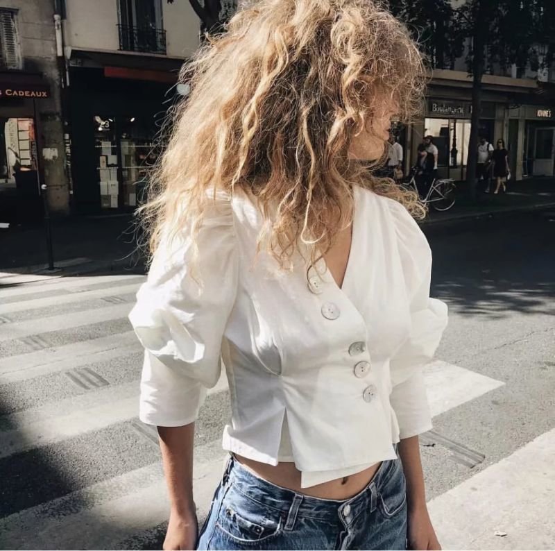 画像4: shell buckle white shirt female puff sleeve shirtシェルバックルホワイトパフスリーブシャツ ブラウス  (4)