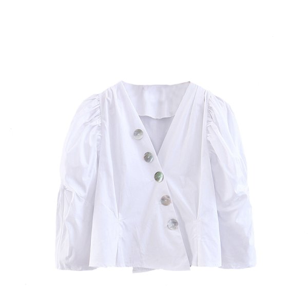 画像1: shell buckle white shirt female puff sleeve shirtシェルバックルホワイトパフスリーブシャツ　ブラウス　 (1)