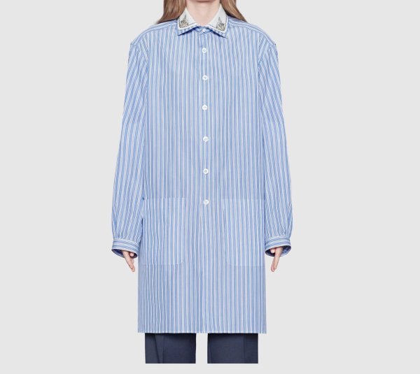 画像1: middle section long blue and white striped long-sleeved shirt beaded sequined temperament dressストライプ長袖シャツビーズスパンコール付きシャツ　ブラウス　チュニック　 (1)