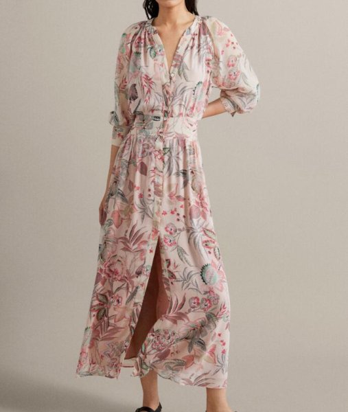 画像1:  Women's Floral Print  Long Sleeve Slim Dress  膝下丈ロングフローラル長袖ロングドレス　ワンピース (1)