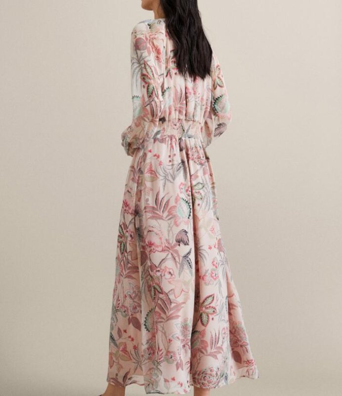 画像5:  Women's Floral Print  Long Sleeve Slim Dress  膝下丈ロングフローラル長袖ロングドレス ワンピース (5)