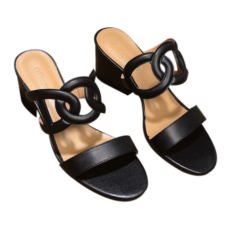 画像2: Women'shigh-heeled sandals and slippers 太目ヒールレザー サンダルスリッパ シューズ・靴 レディース 女性用 シューズ  (2)