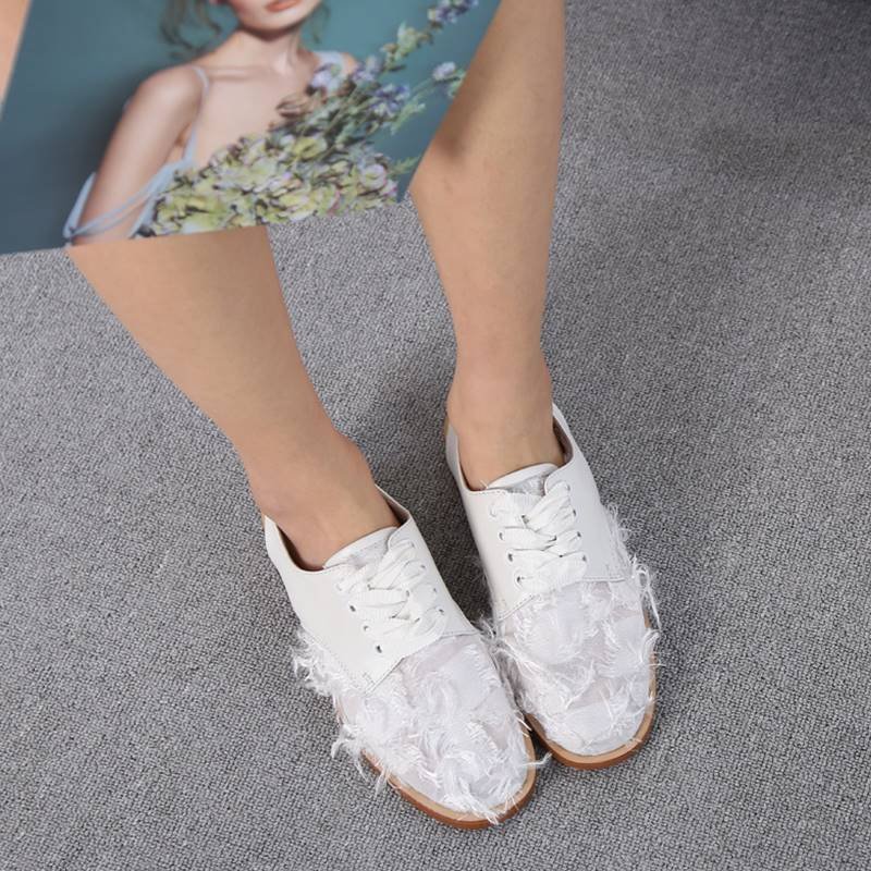 画像5: women's   low-heeled irregular fringed lace leather fairy shoes flat pumps  shoesバックベルト レースアップ フワフワフリンジサンダル パンプス  (5)