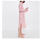 画像2:  Women's  simple commuter lazy women single-breasted vertical stripes slim waist striped shirt dress膝下丈ロング長袖ストライプシャツドレス　ワンピース (2)