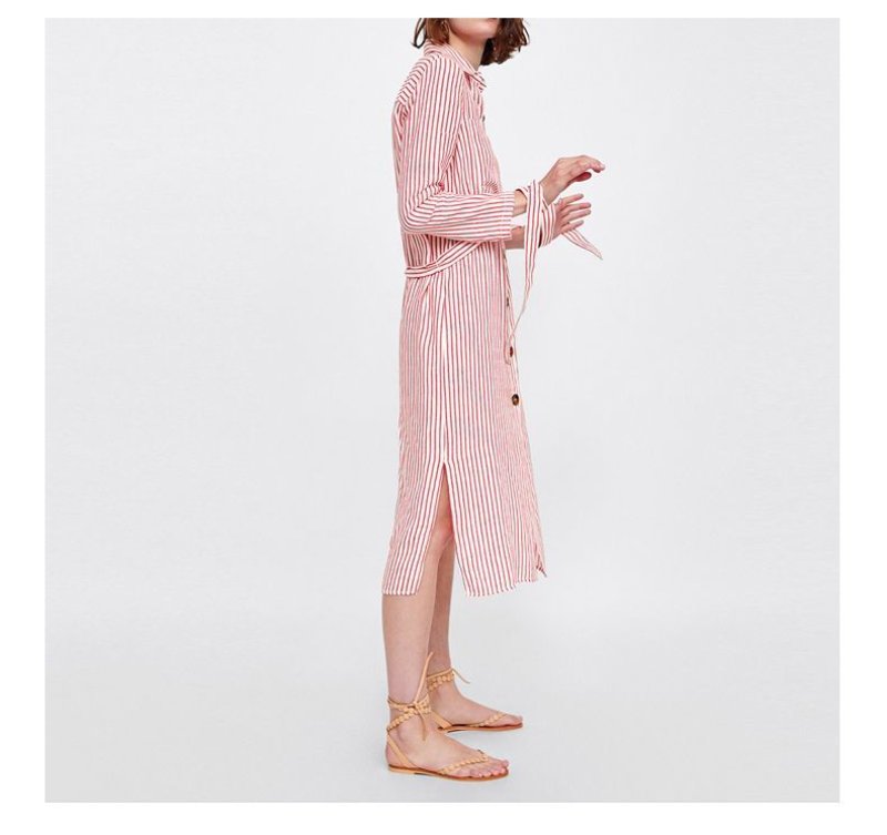 画像2:  Women's  simple commuter lazy women single-breasted vertical stripes slim waist striped shirt dress膝下丈ロング長袖ストライプシャツドレス ワンピース (2)