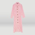 画像4:  Women's  simple commuter lazy women single-breasted vertical stripes slim waist striped shirt dress膝下丈ロング長袖ストライプシャツドレス　ワンピース (4)