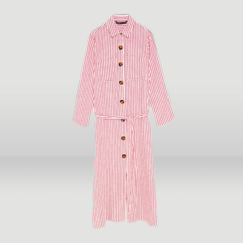 画像4:  Women's  simple commuter lazy women single-breasted vertical stripes slim waist striped shirt dress膝下丈ロング長袖ストライプシャツドレス ワンピース (4)