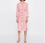 画像1:  Women's  simple commuter lazy women single-breasted vertical stripes slim waist striped shirt dress膝下丈ロング長袖ストライプシャツドレス　ワンピース (1)