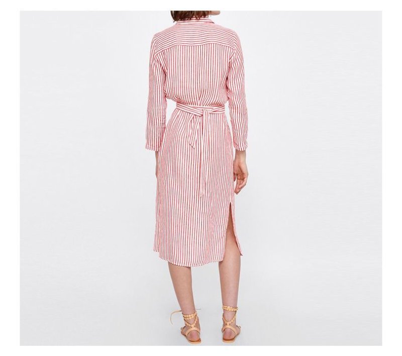 画像3:  Women's  simple commuter lazy women single-breasted vertical stripes slim waist striped shirt dress膝下丈ロング長袖ストライプシャツドレス ワンピース (3)