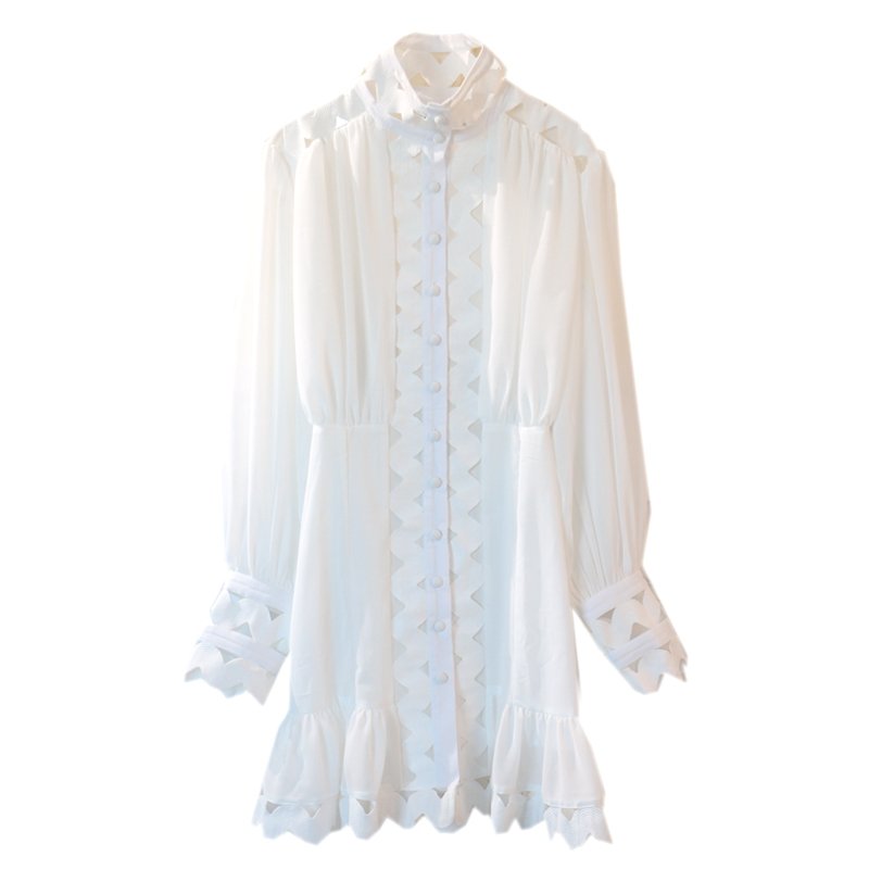 画像7:  Women's  air elegant temperament stitching hollow wave ruffled waist stand collar dress　フリルウエストスタンドカラーミニドレスワンピース (7)