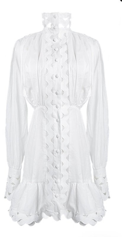 画像8:  Women's  air elegant temperament stitching hollow wave ruffled waist stand collar dress　フリルウエストスタンドカラーミニドレスワンピース (8)