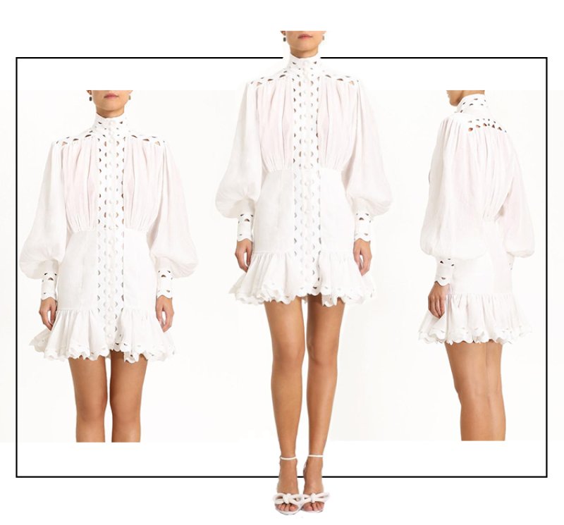 画像6:  Women's  air elegant temperament stitching hollow wave ruffled waist stand collar dress　フリルウエストスタンドカラーミニドレスワンピース (6)