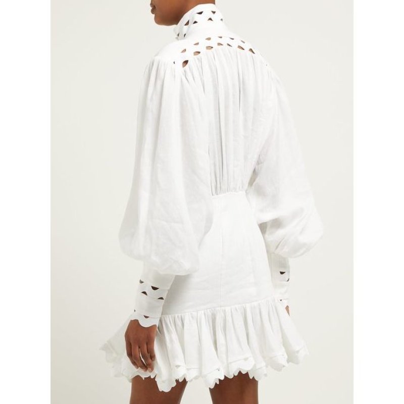 画像2:  Women's  air elegant temperament stitching hollow wave ruffled waist stand collar dress　フリルウエストスタンドカラーミニドレスワンピース (2)