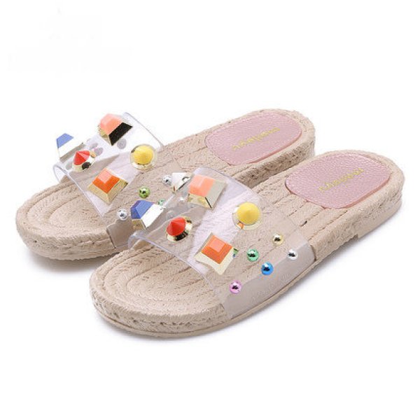 画像1: Women's Espadow with transparent rhinestones Flat sandals slippers   クリアラインストーン付エスパドリーユ オープントゥ フラット サンダル　スリッパ シューズ・靴 レディース 女性用 シューズ  (1)