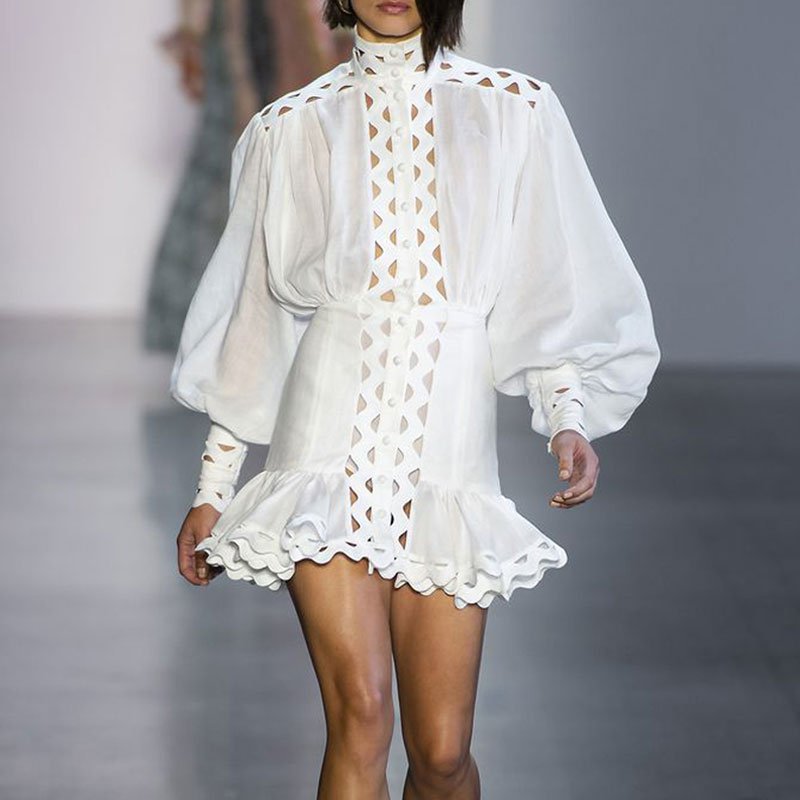 画像4:  Women's  air elegant temperament stitching hollow wave ruffled waist stand collar dress　フリルウエストスタンドカラーミニドレスワンピース (4)