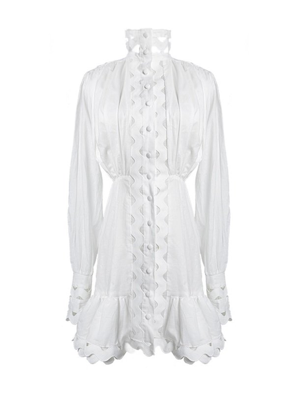 画像3:  Women's  air elegant temperament stitching hollow wave ruffled waist stand collar dress　フリルウエストスタンドカラーミニドレスワンピース (3)