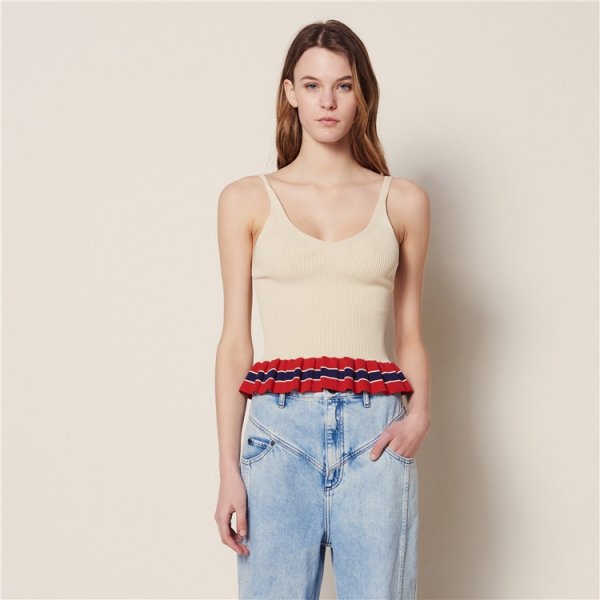 画像1: women's  ruffled sweet knit  Tank top トリコロールカラーフリルタンクトップニット　セーター (1)