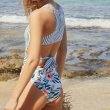 画像4: Women's thin stripes covered belly sexy backless Swimsuit ストライプ＆フラワー柄バックリボンスタイルワンピーススイムウエア水着モノキニ (4)